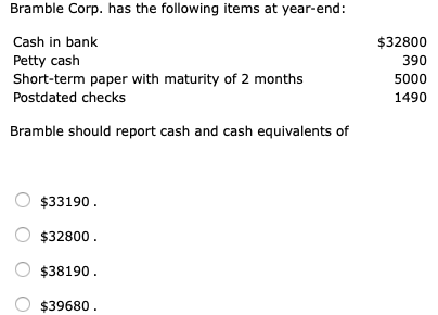 Bramble Corp. has the following items at year-end:
Cash in bank
$32800
Petty cash
Short-term paper with maturity of 2 months
390
5000
Postdated checks
1490
Bramble should report cash and cash equivalents of
$33190.
$32800.
$38190.
$39680.
