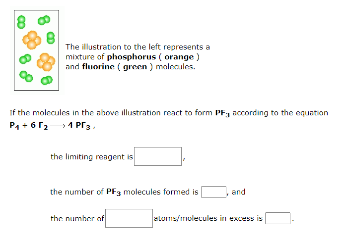 The illustration to the left represents a
mixture of phosphorus ( orange )
and fluorine ( green ) molecules.
If the molecules in the above illustration react to form PF3 according to the equation
P4 + 6 F2→4 PF3 ,
the limiting reagent is
the number of PF3 molecules formed is
and
the number of
atoms/molecules in excess is
