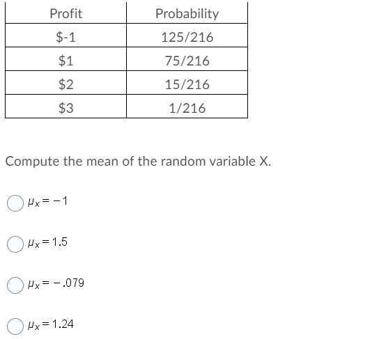 Profit
Probability
$-1
125/216
$1
75/216
$2
15/216
$3
1/216
Compute the mean of the random variable X.
Hx = - 1
Hx=1.5
Hx = -.079
Hx = 1.24
