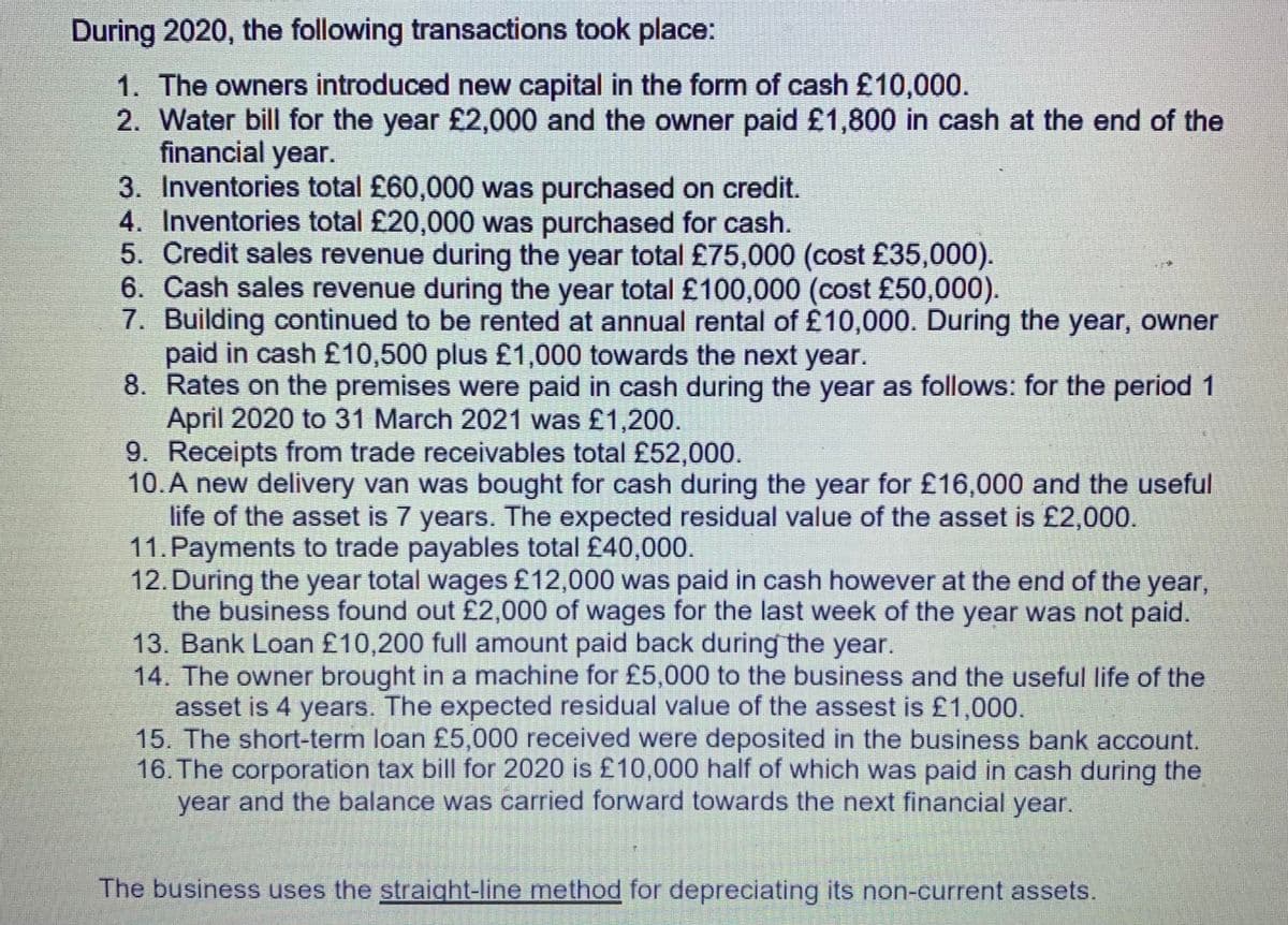 During 2020, the following transactions took place:
1. The owners introduced new capital in the form of cash £10,000.
2. Water bill for the year £2,000 and the owner paid £1,800 in cash at the end of the
financial year.
3. Inventories total £60,000 was purchased on credit.
4. Inventories total £20,000 was purchased for cash.
5. Credit sales revenue during the year total £75,000 (cost £35,000).
6. Cash sales revenue during the year total £100,000 (cost £50,000).
7. Building continued to be rented at annual rental of £10,000. During the year, owner
paid in cash £10,500 plus £1,000 towards the next year.
8. Rates on the premises were paid in cash during the year as follows: for the period 1
April 2020 to 31 March 2021 was £1,200.
9. Receipts from trade receivables total £52,000.
10.A new delivery van was bought for cash during the year for £16,000 and the useful
life of the asset is 7 years. The expected residual value of the asset is £2,000.
11.Payments to trade payables total £40,000.
12. During the year total wages £12,000 was paid in cash however at the end of the year,
the business found out £2,000 of wages for the last week of the year was not paid.
13. Bank Loan £10,200 full amount paid back during the year.
14. The owner brought in a machine for £5,000 to the business and the useful life of the
asset is 4 years. The expected residual value of the assest is £1,000.
15. The short-term loan £5,000 received were deposited in the business bank account.
16.The corporation tax bill for 2020 is £10,000 half of which was paid in cash during the
year and the balance was carried forward towards the next financial year.
The business uses the straight-line method for depreciating its non-current assets.
