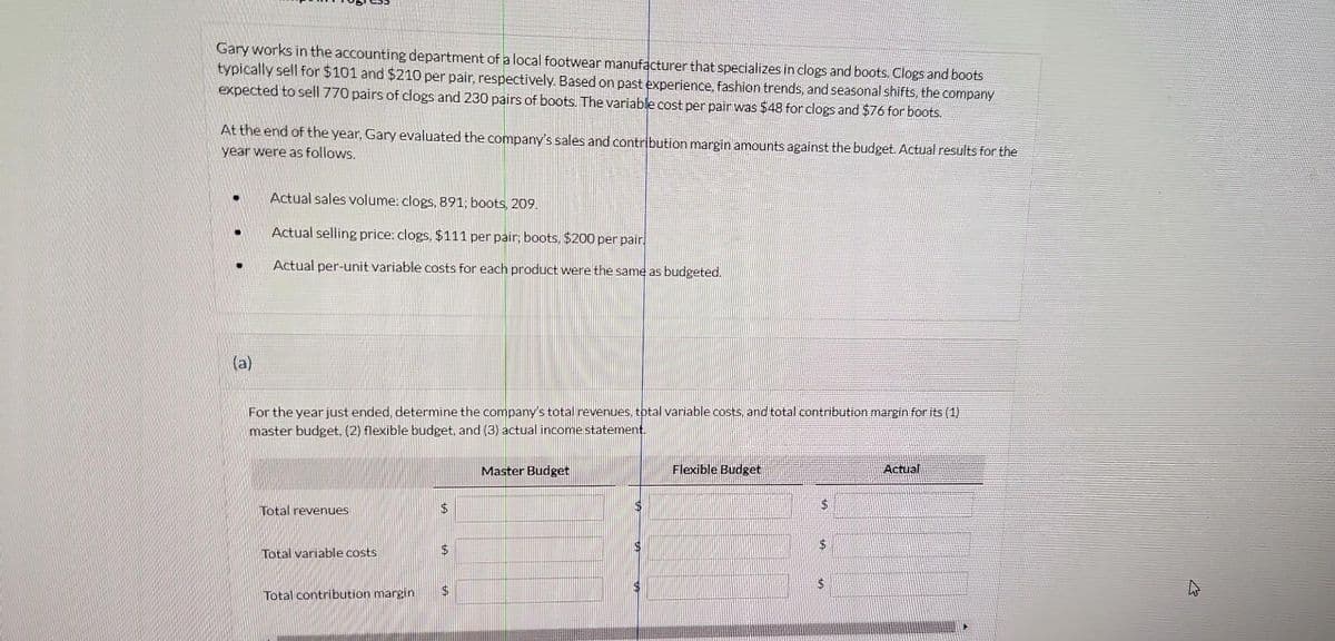 Gary works in the accounting department of a local footwear manufacturer that specializes in clogs and boots. Clogs and boots
typically sell for $101 and $210 per pair, respectively. Based on past experience, fashion trends, and seasonal shifts, the company
expected to sell 770 pairs of clogs and 230 pairs of boots. The variable cost per pair was $48 for clogs and $76 for boots.
At the end of the year, Gary evaluated the company's sales and contribution margin amounts against the budget. Actual results for the
year were as follows.
Actual sales volume: clogs, 891; boots, 209.
Actual selling price: clogs, $111 per pair; boots. $200 per pair.
Actual per-unit variable costs for each product were the same as budgeted.
For the year just ended, determine the company's total revenues, total variable costs, and total contribution margin for its (1)
master budget. (2) flexible budget, and (3) actual income statement.
Total revenues
Total variable costs
$
$
Total contribution margin $
Master Budget
Flexible Budget
$
$
Actual