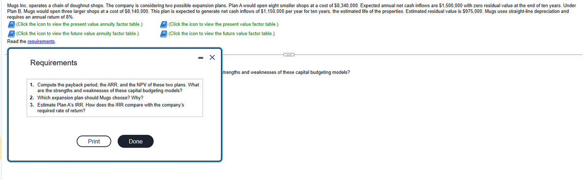 Mugs Inc. operates a chain of doughnut shops. The company is considering two possible expansion plans. Plan A would open eight smaller shops at a cost of $8,340,000. Expected annual net cash inflows are $1,500,000 with zero residual value at the end of ten years. Under
Plan B, Mugs would open three larger shops at a cost of $8,140,000. This plan is expected to generate net cash inflows of $1,150,000 per year for ten years, the estimated life of the properties. Estimated residual value is $975,000. Mugs uses straight-line depreciation and
requires an annual return of 8%.
(Click the icon to view the present value annuity factor table.)
F(Click the icon to view the future value annuity factor table.)
Read the requirements.
Requirements
1. Compute the payback period, the ARR, and the NPV of these two plans. What
are the strengths and weaknesses of these capital budgeting models?
2. Which expansion plan should Mugs choose? Why?
(Click the icon to view the present value factor table.)
(Click the icon to view the future value factor table.)
3. Estimate Plan A's IRR. How does the IRR compare with the company's
required rate of return?
Print
Done
X
strengths and weaknesses of these capital budgeting models?