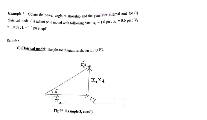 Example 3: Obtain the power angle relationship and the generator internal emf for (i)
classical model (ii) salient pole model with following data: xa = 1.0 pu: xq = 0.6 pu: V₁
=1.0 pu: I₁=1.0 pu at upf
Solution:
(i) Classical model: The phasor diagram is shown in Fig P3.
Ind
IVE
Ia
Fig.P3 Example 3, case(i)