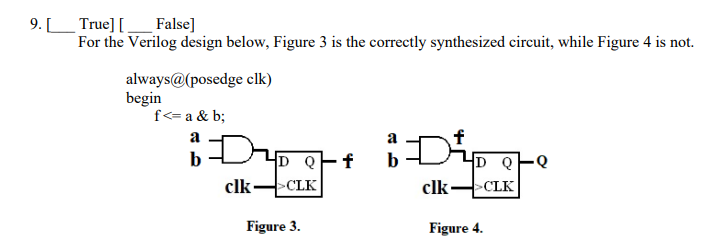 9. [True] [False]
For the Verilog design below, Figure 3 is the correctly synthesized circuit, while Figure 4 is not.
always@(posedge clk)
f<= a & b;
a
b
begin
D
DQ
clk >CLK
Figure 3.
f
¡Dip g
Q
clk >CLK
Figure 4.
Q