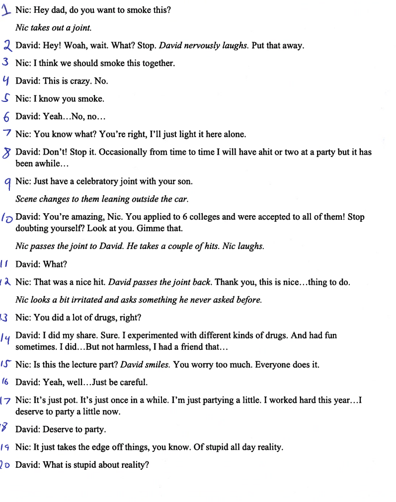 1 Nic: Hey dad, do you want to smoke this?
Nic takes out a joint.
2 David: Hey! Woah, wait. What? Stop. David nervously laughs. Put that away.
3 Nic: I think we should smoke this together.
y David: This is crazy. No.
S Nic: I know you smoke.
6 David: Yeah...No, no...
7 Nic: You know what? You're right, I'll just light it here alone.
> David: Don't! Stop it. Occasionally from time to time I will have ahit or two at a party but it has
been awhile...
9
Nic: Just have a celebratory joint with your son.
Scene changes to them leaning outside the car.
lo David: You're amazing, Nic. You applied to 6 colleges and were accepted to all of them! Stop
doubting yourself? Look at you. Gimme that.
Nic passes the joint to David. He takes a couple of hits. Nic laughs.
David: What?
2 Nic: That was a nice hit. David passes the joint back. Thank you, this is nice...thing to do.
Nic looks a bit irritated and asks something he never asked before.
3 Nic: You did a lot of drugs, right?
14 David: I did my share. Sure. I experimented with different kinds of drugs. And had fun
sometimes. I did...But not harmless, I had a friend that...
15 Nic: Is this the lecture part? David smiles. You worry too much. Everyone does it.
16 David: Yeah, well...Just be careful.
(7 Nic: It's just pot. It's just once in a while. I'm just partying a little. I worked hard this year...I
deserve to party a little now.
David: Deserve to party.
19 Nic: It just takes the edge off things, you know. Of stupid all day reality.
2o David: What is stupid about reality?