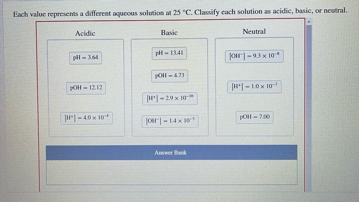 Each value represents a different aqueous solution at 25 °C. Classify each solution as acidic, basic, or neutral.
Acidic
Basic
Neutral
pH = 3.64
pH = 13.41
[OH-] = 9.3 x 10-8
pOH = 4.73
pOH = 12.12
[H+]=1.0 x 10-7
[H+]
= 2.9 × 10-10
[H+]=4.0 x 10-4
[OH-] = 1.4 x 10-3
pOH = 7.00
Answer Bank