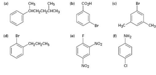 (a)
CH3
ÇH3
(b)
CO2H
(c)
Br
CHCH2CH2CHCH3
H3C
CH3
Br
(d) Br
(e) F
(f)
NH2
CH2CH2CH3
„NO2
NO2
CI
