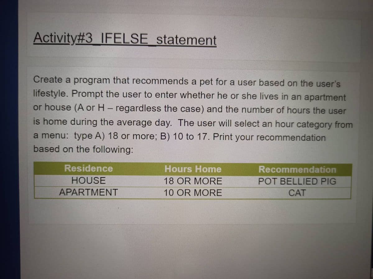 Activity#3 IFELSE statement
Create a program that recommends a pet for a user based on the user's
lifestyle. Prompt the user to enter whether he or she lives in an apartment
or house (A or H- regardless the case) and the number of hours the user
is home during the average day. The user will select an hour category from
a menu: type A) 18 or more; B) 10 to 17. Print your recommendation
based on the following:
Residence
Hours Home
HOUSE
18 OR MORE
Recommendation
POT BELLIED PIG
CAT
APARTMENT
10 OR MORE