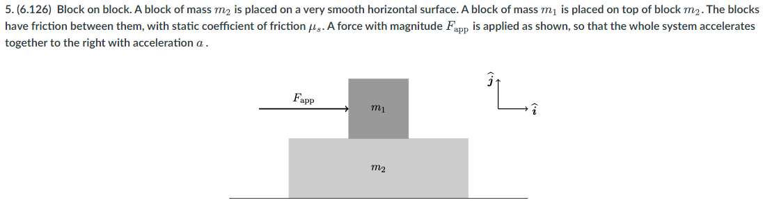 5. (6.126) Block on block. A block of mass m₂ is placed on a very smooth horizontal surface. A block of mass m₁ is placed on top of block m2. The blocks
have friction between them, with static coefficient of friction μg. A force with magnitude Fapp is applied as shown, so that the whole system accelerates
together to the right with acceleration a.
Fapp
m₁
M₂
î