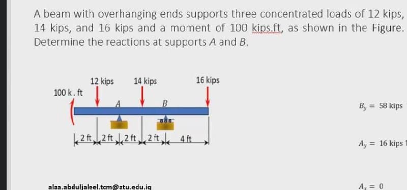 A beam with overhanging ends supports three concentrated loads of 12 kips,
14 kips, and 16 kips and a moment of 100 kips.ft, as shown in the Figure.
Determine the reactions at supports A and B.
12 kips
14 kips
16 kips
100 k. ft
B, = 58 kips
2 ft 2 ft J2 ft 2 ft 4 ft
A, = 16 kips
alaa.abduljaleel.tcm@atu.edu.ig
A, = 0
