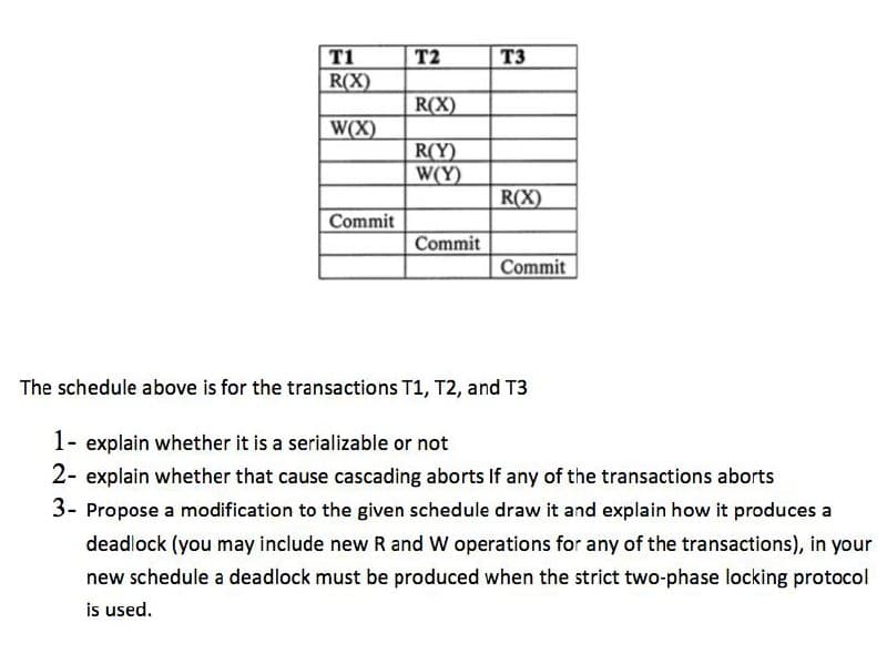 T1
T2
T3
R(X)
R(X)
W(X)
R(Y)
W(Y)
R(X)
Commit
Commit
Commit
The schedule above is for the transactions T1, T2, and T3
1- explain whether it is a serializable or not
2- explain whether that cause cascading aborts If any of the transactions aborts
3- Propose a modification to the given schedule draw it and explain how it produces a
deadlock (you may include new R and W operations for any of the transactions), in your
new schedule a deadlock must be produced when the strict two-phase locking protocol
is used.
