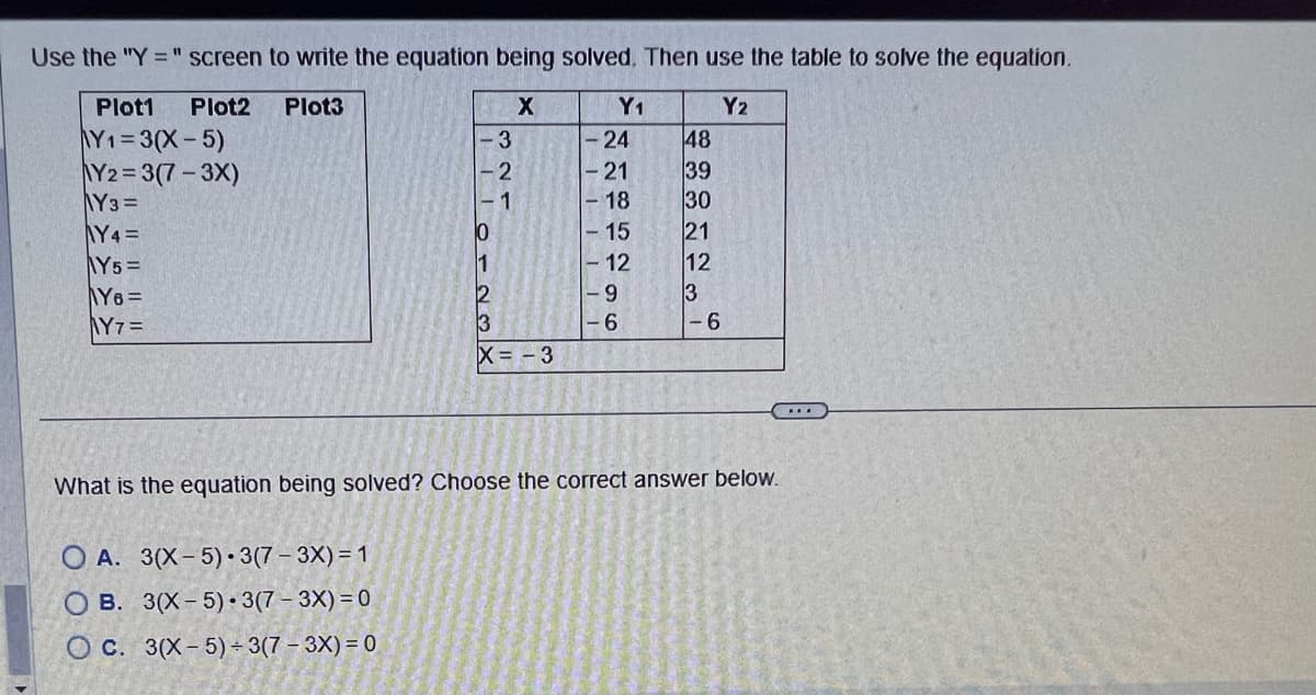 Use the "Y="screen to write the equation being solved. Then use the table to solve the equation.
Plot1 Plot2 Plot3
X
Y2
|Y1=3(X− 5)
Y2=3(7-3X)
Y3 =
Y4=
Y5=
Yo =
Y7 =
-3
-2
OA. 3(X-5) 3(7-3X) = 1
OB. 3(X-5) 3(7-3X)=0
OC. 3(X-5)=3(7-3X) = 0
321
X=-3
Y1
-24
-21
- 18
-15
- 12
-9
-6
DESNI I
48
39
30
21
12
-6
What is the equation being solved? Choose the correct answer below.