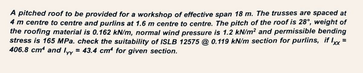 A pitched roof to be provided for a workshop of effective span 18 m. The trusses are spaced at
4 m centre to centre and purlins at 1.6 m centre to centre. The pitch of the roof is 28°, weight of
the roofing material is 0.162 kN/m, normal wind pressure is 1.2 kN/m² and permissible bending
stress is 165 MPa. check the suitability of ISLB 12575 @ 0.119 kN/m section for purlins, if Ixx
406.8 cm² and lyy = 43.4 cm for given section.
=