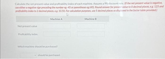 Calculate the net present value and profitability index of each machine. Assume a 9% discount rate. (If the net present value is negative,
use either a negative sign preceding the number eg-45 or parentheses eg (45). Round answer for present value to 0 decimal places, eg. 125 and
profitability index to 2 decimal places, e.g. 10.50. For calculation purposes, use 5 decimal places as displayed in the factor table provided.)
Net present value)
Profitability index
Machine A
Which machine should be purchased?
should be purchased.
Machine B