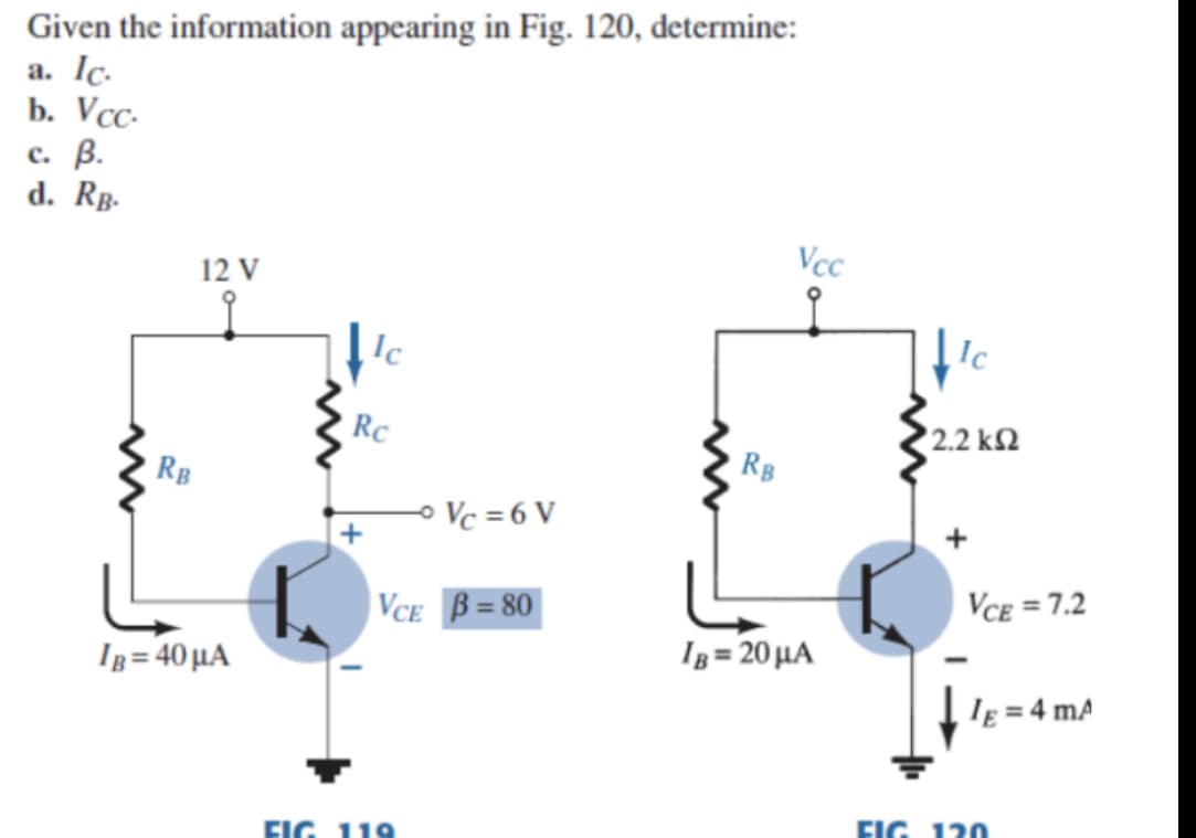 Given the information appearing in Fig. 120, determine:
a. Ic.
b. Vcc.
c. B.
d. RB.
Vcc
12 V
RB
IB= 40 μA
Ic
Rc
Vc=6V
VCE B=80
FIG 119
RB
IB= 20 μA
Ic
' 2.2 ΚΩ
VCE=7.2
IE = 4 mA
FIG 120