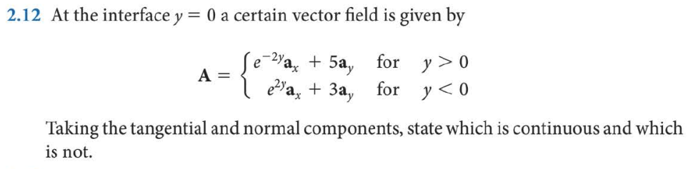 2.12 At the interface y = 0 a certain vector field is given by
2Yax + 5a,
ea, + 3a,
for y>0
for y <0
A =
Taking the tangential and normal components, state which is continuous and which
is not.
