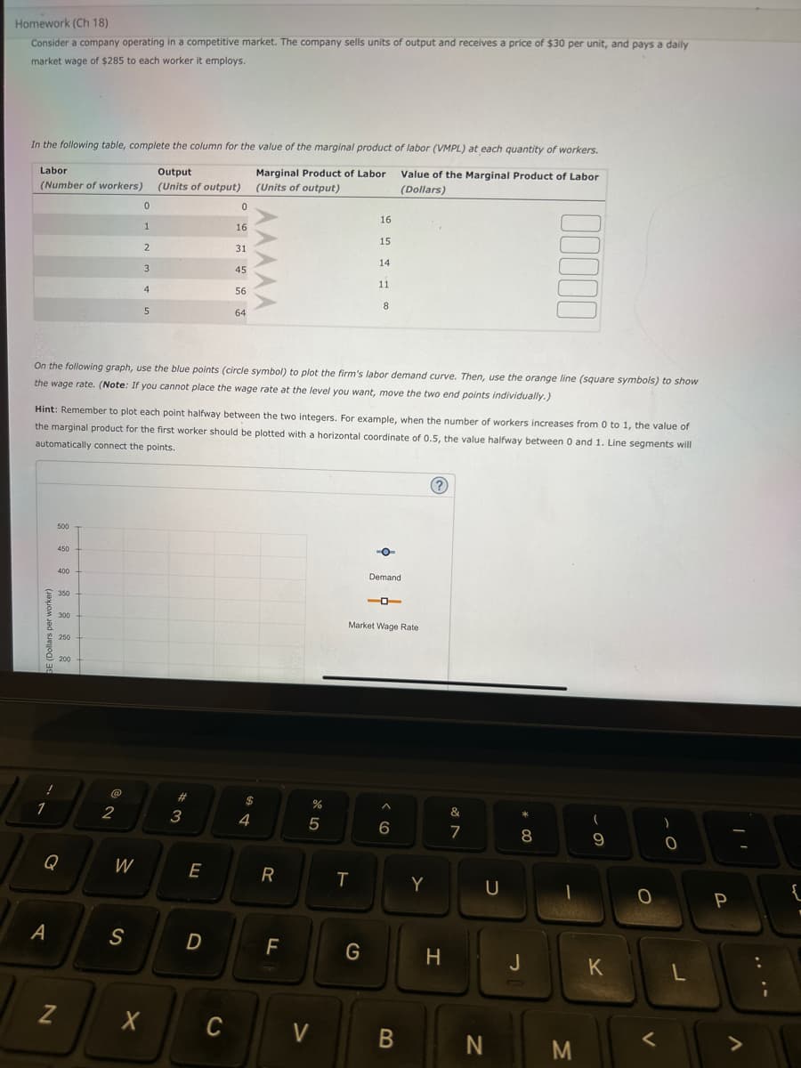 Homework (Ch 18)
Consider a company operating in a competitive market. The company sells units of output and receives a price of $30 per unit, and pays a daily
market wage of $285 to each worker it employs.
In the following table, complete the column for the value of the marginal product of labor (VMPL) at each quantity of workers.
Labor
(Number of workers)
Marginal Product of Labor
(Units of output)
Value of the Marginal Product of Labor
(Dollars)
GE (Dollars per worker)
1
500
A
450
400
350
N
300
250
Q
200
On the following graph, use the blue points (circle symbol) to plot the firm's labor demand curve. Then, use the orange line (square symbols) to show
the wage rate. (Note: If you cannot place the wage rate at the level you want, move the two end points individually.)
Hint: Remember to plot each point halfway between the two integers. For example, when the number of workers increases from 0 to 1, the value of
the marginal product for the first worker should be plotted with a horizontal coordinate of 0.5, the value halfway between 0 and 1. Line segments will
automatically connect the points.
@
2
0
1
2
W
3
S
4
5
Output
(Units of output)
X
#
3
E
0
16
31
D
45
56
C
64
$
4
R
FL
%
5
V
16
15
14
T
11
G
8
-O-
Demand
-
Market Wage Rate
^
6
B
Y
(?)
H
&
7
U
N
*
00000
8
J
M
(
9
K
O
<
)
C
L
P
>
{