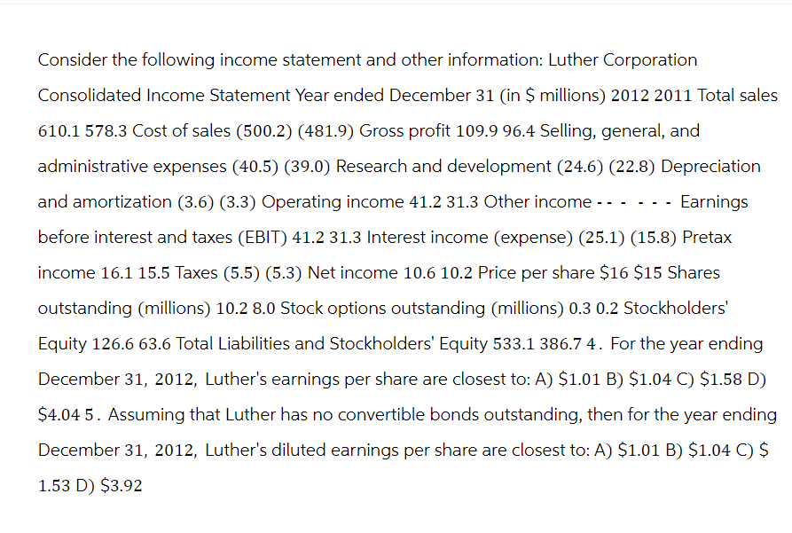 Consider the following income statement and other information: Luther Corporation
Consolidated Income Statement Year ended December 31 (in $ millions) 2012 2011 Total sales
610.1 578.3 Cost of sales (500.2) (481.9) Gross profit 109.9 96.4 Selling, general, and
administrative expenses (40.5) (39.0) Research and development (24.6) (22.8) Depreciation
and amortization (3.6) (3.3) Operating income 41.2 31.3 Other income
Earnings
before interest and taxes (EBIT) 41.2 31.3 Interest income (expense) (25.1) (15.8) Pretax
income 16.1 15.5 Taxes (5.5) (5.3) Net income 10.6 10.2 Price per share $16 $15 Shares
outstanding (millions) 10.2 8.0 Stock options outstanding (millions) 0.3 0.2 Stockholders'
Equity 126.6 63.6 Total Liabilities and Stockholders' Equity 533.1 386.7 4. For the year ending
December 31, 2012, Luther's earnings per share are closest to: A) $1.01 B) $1.04 C) $1.58 D)
$4.04 5. Assuming that Luther has no convertible bonds outstanding, then for the year ending
December 31, 2012, Luther's diluted earnings per share are closest to: A) $1.01 B) $1.04 C) $
1.53 D) $3.92