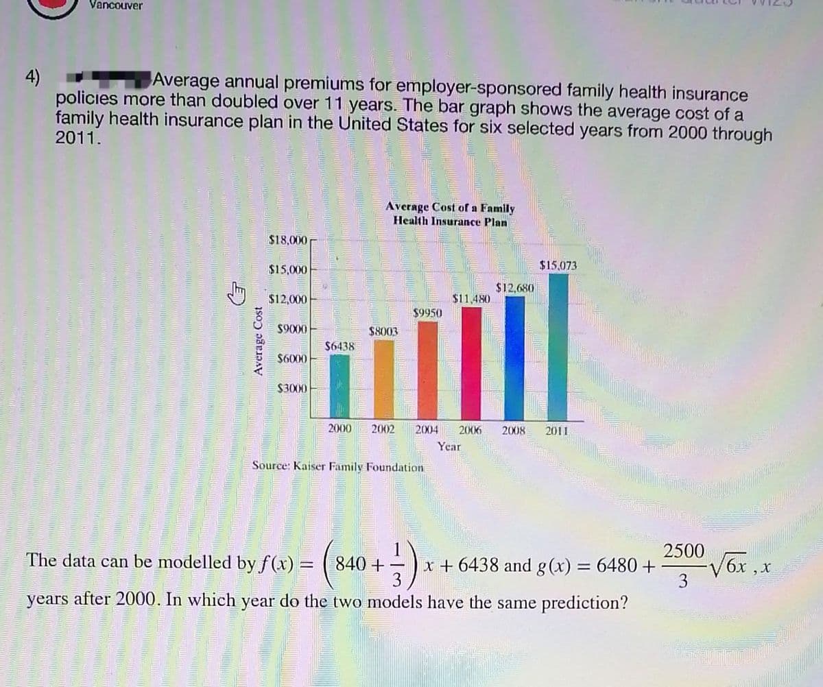 4)
Vancouver
Average annual premiums for employer-sponsored family health insurance
policies more than doubled over 11 years. The bar graph shows the average cost of a
family health insurance plan in the United States for six selected years from 2000 through
2011.
Jy
Average Cost
$18,000
$15,000
$12,000
$9000
$6000
$3000
$6438
Average Cost of a Family
Health Insurance Plan
$8003
The data can be modelled by f(x) = (840
$9950
Source: Kaiser Family Foundation
$11,480
2000 2002 2004 2006 2008 2011
$12,680
Year
$15.073
(840 + 1) x.
3
years after 2000. In which year do the two models have the same prediction?
x+6438 and g(x) = 6480 +
2500
3
√6x, x