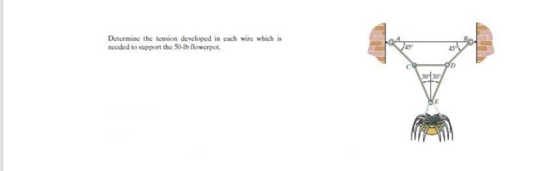 Determine the tension developcd in cach wire which is
needed to support the 50-lb flowerpot.
45
30 30
