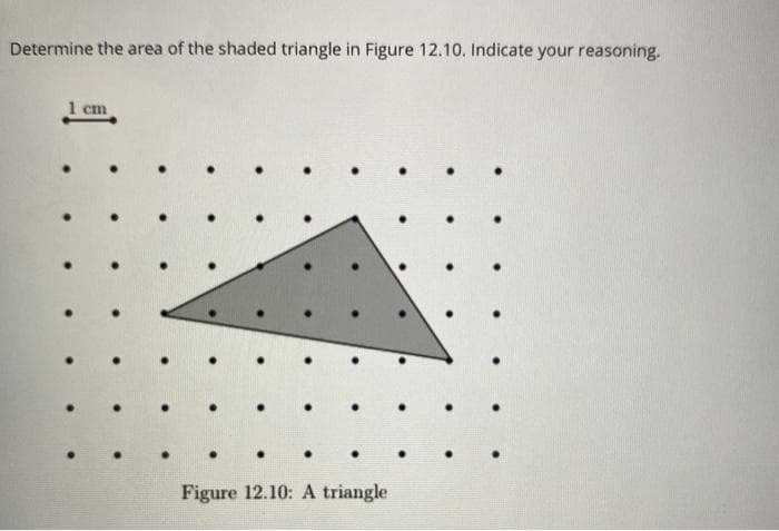 Determine the area of the shaded triangle in Figure 12.10. Indicate your reasoning.
1 cm
Figure 12.10: A triangle
