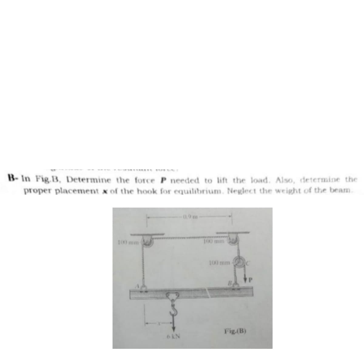 B- In Fig.B, Determine the force P needed to lift the load. Also, determine the
proper placement x of the hook for equilibrium. Neglect the weight of the beam.
0.9 m-
100 mm
100 mm
100 mm
B
Fig.(B)
6 kN
