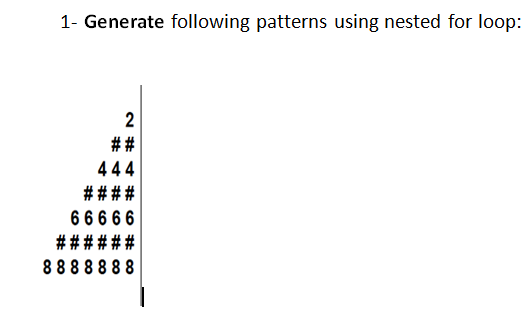 1- Generate following patterns using nested for loop:
##
444
# ###
666 66
######
8888888
