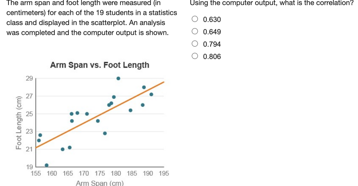 The arm span and foot length were measured (in
Using the computer output, what is the correlation?
centimeters) for each of the 19 students in a statistics
class and displayed in the scatterplot. An analysis
was completed and the computer output is shown.
0.630
0.649
0.794
0.806
Arm Span vs. Foot Length
29
27
19
155 160 165 170 175 180
185 190 195
Arm Span (cm)
Foot Length (cm)
21
