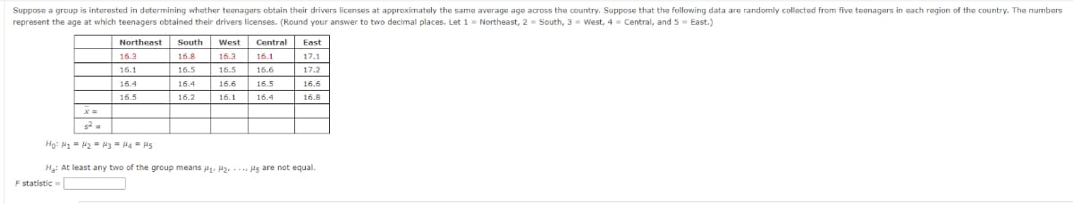 Suppose a group is interested in determining whether teenagers obtain their drivers licenses at approximately the same average age across the country. Suppose that the following data are randomly collected from five teenagers in each region of the country. The numbers
represent the age at which teenagers obtained their drivers licenses. (Round your answer to two decimal places. Let 1 = Northeast, 2 = South, 3 = West, 4 = Central, and 5 = East.)
Northeast South
West
Central
East
16.3
16.8
16.3
16.1
17.1
16.1
16.5
16.5
16.6
17.2
16.4
16.4
16.6
16.5
16.6
16.5
16.2
16.1
16.4
16.8
s2 =
Ho: 41 = 42 = H3 = H4 = i5
H3: At least any two of the group means u, u2. .... ug are not equal.
F statistic =
