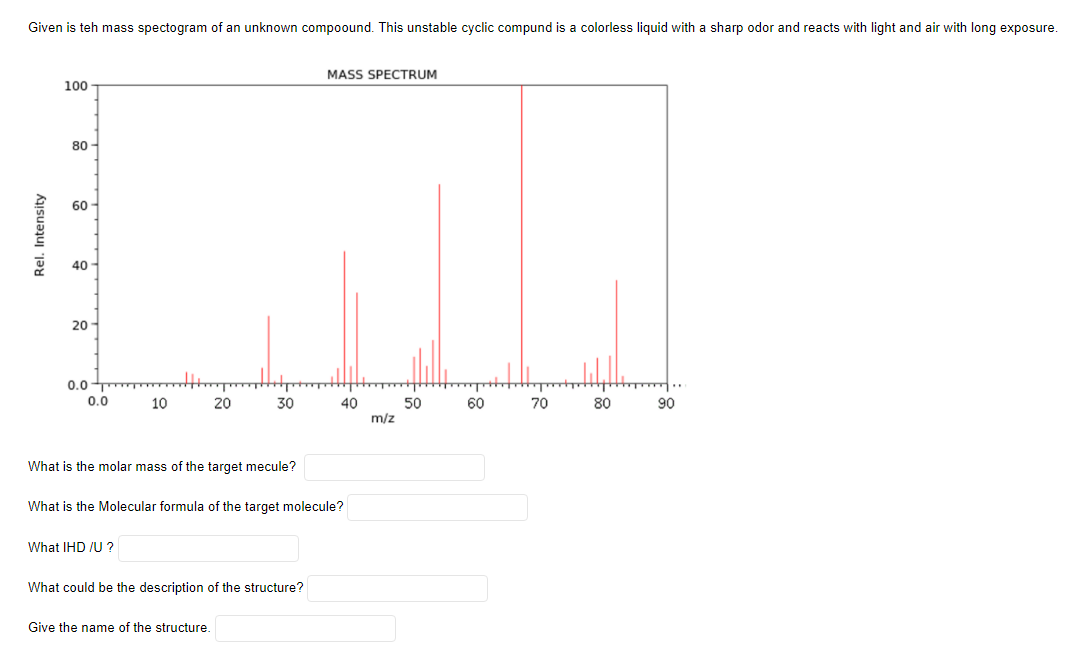 Given is teh mass spectogram of an unknown compoound. This unstable cyclic compund is a colorless liquid with a sharp odor and reacts with light and air with long exposure.
MASS SPECTRUM
100
80
60 -
40 -
20
0.0
0.0
10
20
30
60
80
90
40
50
m/z
70
What is the molar mass of the target mecule?
What is the Molecular formula of the target molecule?
What IHD /U ?
What could be the description of the structure?
Give the name of the structure.
Rel. Intensity
