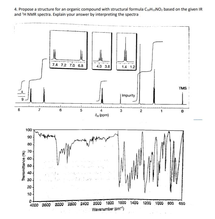 4. Propose a structure for an organic compound with structural formula CioH13NO2 based on the given IR
and H NMR spectra. Explain your answer by interpreting the spectra
7.4 7.2 7.0 6,8
4.0 3.8
1.4 1.2
TMS
Impurity
8.
7
5
4
3
2
&H (ppm)
100
90
80
70
60.
50
40
30
20
10
4000 3600 3200 2800 2400 2000 1800 1600 1400 1200 1000 800 650
Wavenumber (cm-)
Transmittance (%)
