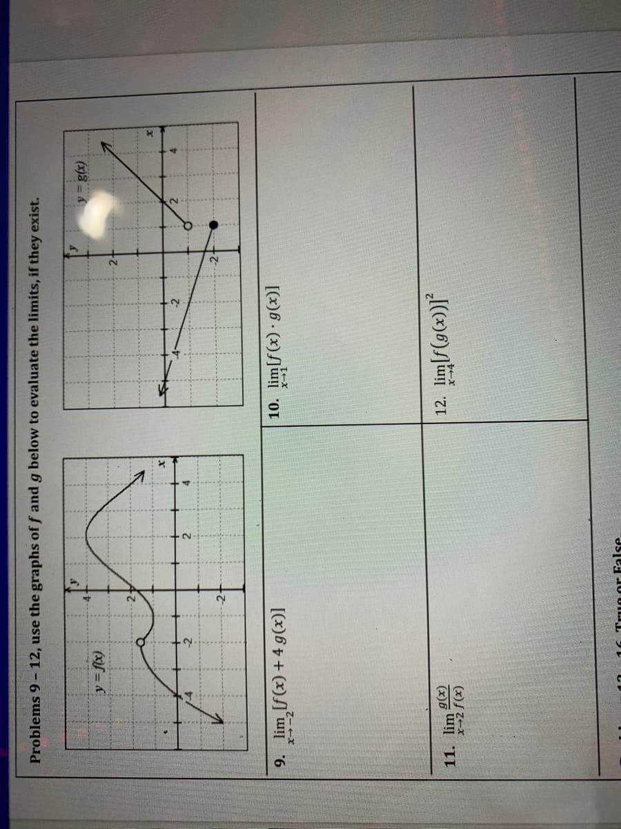 (x)8 =4
Problems 9 - 12, use the graphs of f and g below to evaluate the limits, if they exist.
(xf =
[(x)6 - (x)]u
9. lim [f(x) + 4 g(x)]
X--2
(x)6
11. lim F)
16 Truo or False
