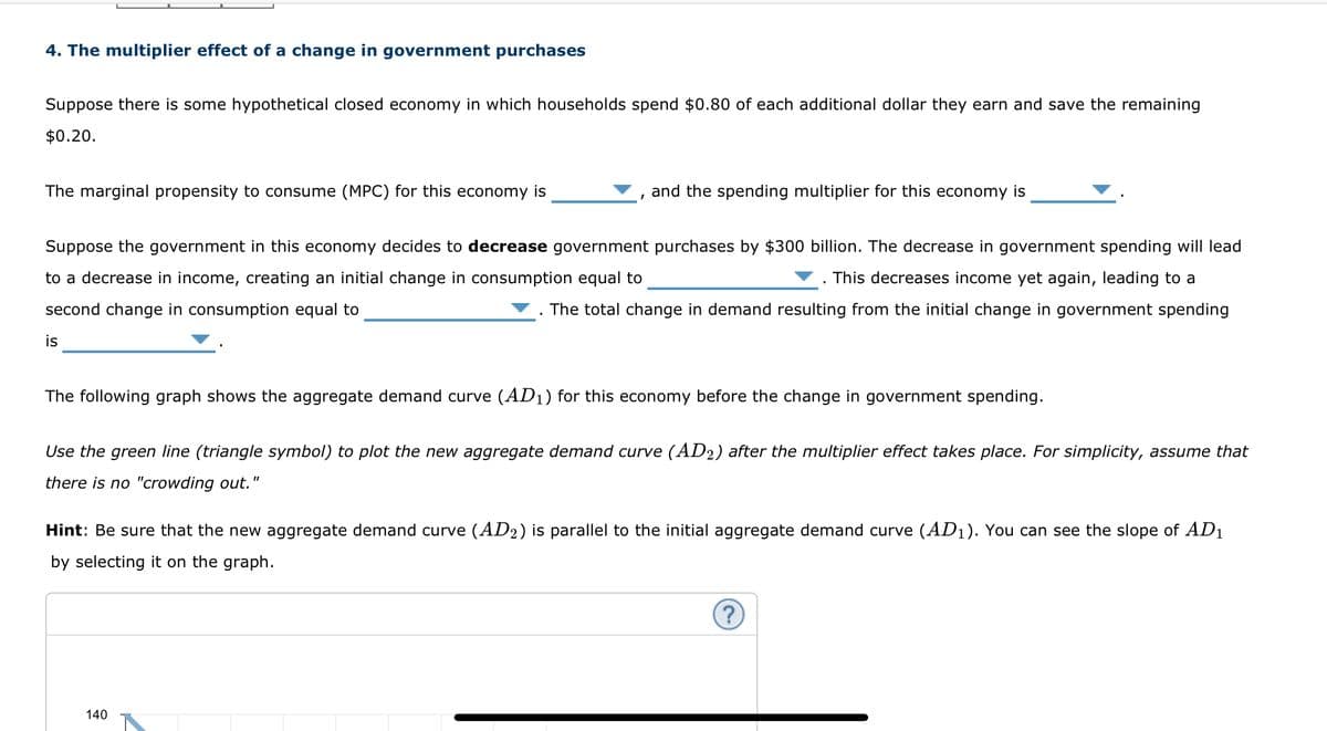 4. The multiplier effect of a change in government purchases
Suppose there is some hypothetical closed economy in which households spend $0.80 of each additional dollar they earn and save the remaining
$0.20.
The marginal propensity to consume (MPC) for this economy is
Suppose the government in this economy decides to decrease government purchases by $300 billion. The decrease in government spending will lead
to a decrease in income, creating an initial change in consumption equal to
This decreases income yet again, leading to a
second change in consumption equal to
The total change in demand resulting from the initial change in government spending
is
and the spending multiplier for this economy is
The following graph shows the aggregate demand curve (AD₁) for this economy before the change in government spending.
Use the green line (triangle symbol) to plot the new aggregate demand curve (AD2) after the multiplier effect takes place. For simplicity, assume that
there is no "crowding out.
"1
140
Hint: Be sure that the new aggregate demand curve (AD2) is parallel to the initial aggregate demand curve (AD₁). You can see the slope of AD1
by selecting it on the graph.