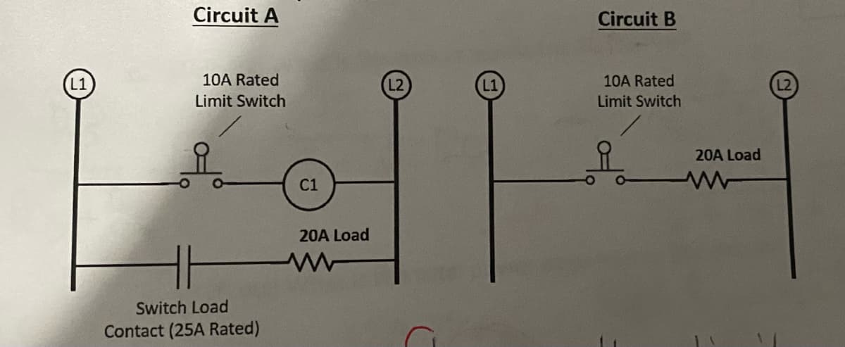 L1
Circuit A
10A Rated
Limit Switch
Switch Load
Contact (25A Rated)
C1
20A Load
Circuit B
10A Rated
Limit Switch
요
o
20A Load