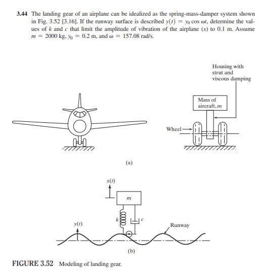 3.44 The landing gear of an airplane can be idealized as the spring-mass-damper system shown
in Fig. 3.52 [3.16]. If the runway surface is described y(t) = yo cos at, determine the val-
ues of k and c that limit the amplitude of vibration of the airplane (x) to 0.1 m. Assume
m = 2000 kg. % = 0.2 m, and = 157.08 rad/s.
y(t)
x(1)
(a)
-00000
FIGURE 3.52 Modeling of landing gear.
m
(b)
Wheel
Runway
Housing with
strut and
viscous damping
Mass of
aircraft, m