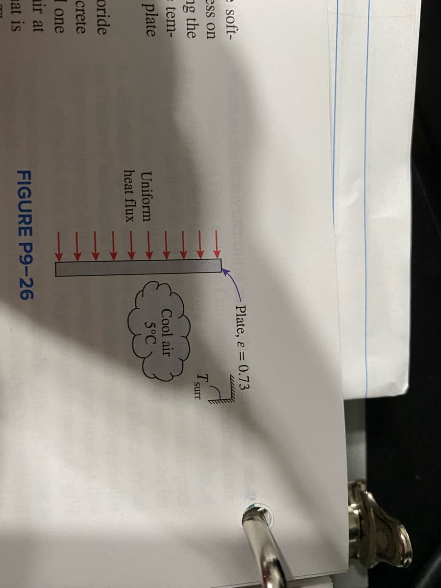 e soft-
omi Plate, e = 0.73
ess on
ng the
e tem-
plate
Tsurr
Cool air
Uniform
heat flux
5°C
oride
crete
I one
nir at
at is
FIGURE P9-26

