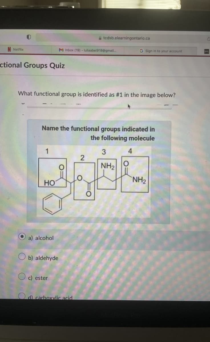 tcdsb.elearningontario.ca
C
M Inbox (19) - luliaabel918@gmail...
G Sign in to your account
D2L
N Netflix
ctional Groups Quiz
What functional group is identified as #1 in the image below?
Name the functional groups indicated in
1
O=
2
the following molecule
3
NH2
=0
HO
a) alcohol
b) aldehyde
c) ester
d) carboxylic acid
O
FO
NH2