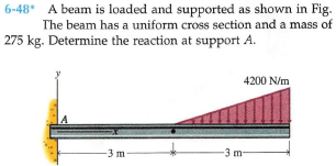 6-48* A beam is loaded and supported as shown in Fig.
The beam has a uniform cross section and a mass of
275 kg. Determine the reaction at support A.
4200 N/m
-3 m
3 m-
