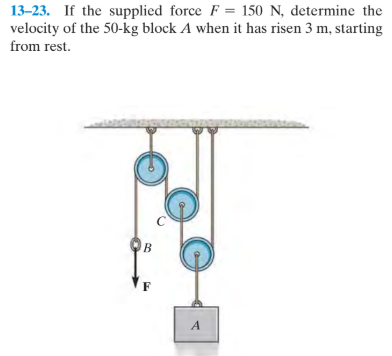 13-23. If the supplied force F = 150 N, determine the
velocity of the 50-kg block A when it has risen 3 m, starting
from rest.
