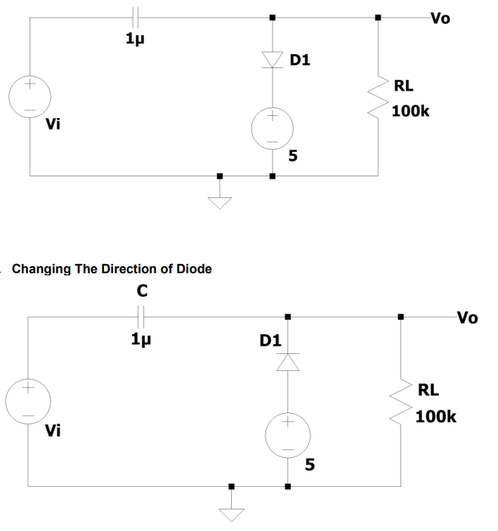 Vo
1p
D1
RL
t,
100k
Vi
5
Changing The Direction of Diode
Vo
1p
D1
RL
100k
Vi
5
