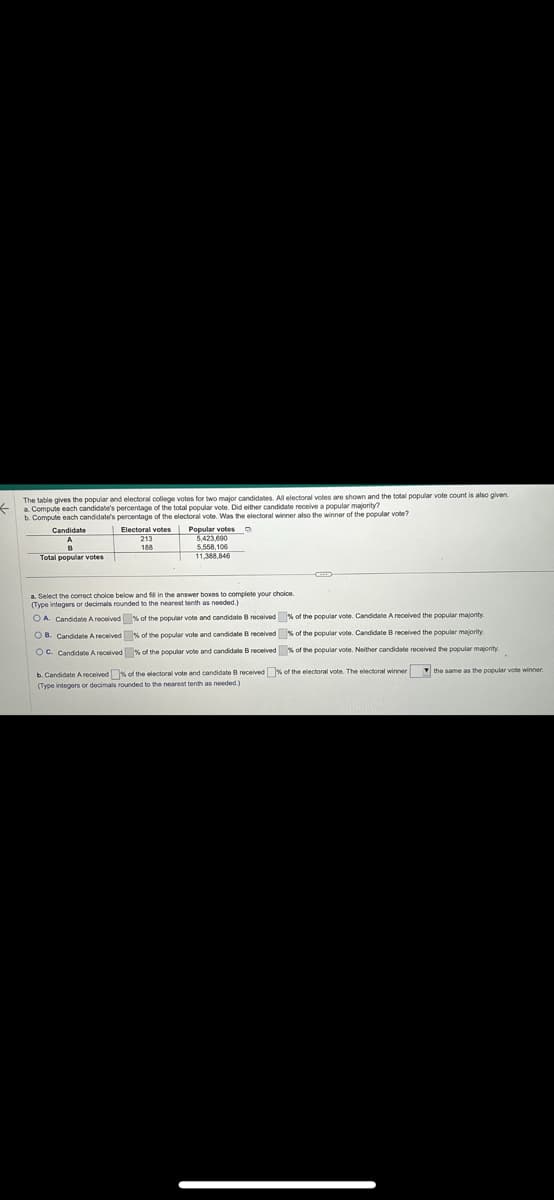 L
The table gives the popular and electoral college votes for two major candidates. All electoral votes are shown and the total popular vote count is also given.
a. Compute each candidate's percentage of the total popular vote. Did either candidate receive a popular majority?
b. Compute each candidate's percentage of the electoral vote. Was the electoral winner also the winner of the popular vote?
Popular votes p
Electoral votes
213
188
Candidate
A
B
Total popular votes
5,423,690
5,558,106
11,388,846
a. Select the correct choice below and fill in the answer boxes to complete your choice.
(Type integers or decimals rounded to the nearest tenth as needed.)
OA. Candidate A received
OB. Candidate Areceived
OC. Candidate A received
% of the popular vote and candidate B received
% of the popular vote and candidate B received
% of the popular vote and candidate B received
% of the popular vote. Candidate A received the popular majority.
% of the popular vote. Candidate B received the popular majority
% of the popular vote. Neither candidate received the popular majority.
b. Candidate A received % of the electoral vote and candidate B received % of the electoral vote. The electoral winner the same as the popular vole winner
(Type integers or decimals rounded to the nearest tenth as needed)