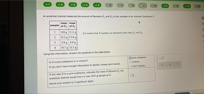 10
12
14
An analytical chemist measures the amount of Elements E and E, in four sampies of an unknown Substance
mass mass
sample of E of E
9.8 11.2 g
It's known that X contains no elements other than E, and E
2
12.2 g 13.8 g
3.
5.6 g 6.4 g
4
10.7 g 12.3 g
Using this information, answer the questions in the table below.
Opure substance
Is Xa pure substance or a mixture?
Omixture
If you don't have enough information to decide, choose can't decide.
O (can't decide)
If you said X is a pure substance, calculate the mass of Element E, the
analytical chemist would find in a new 10.0 g sample of X.
Round your answer to 2 significant digits.
