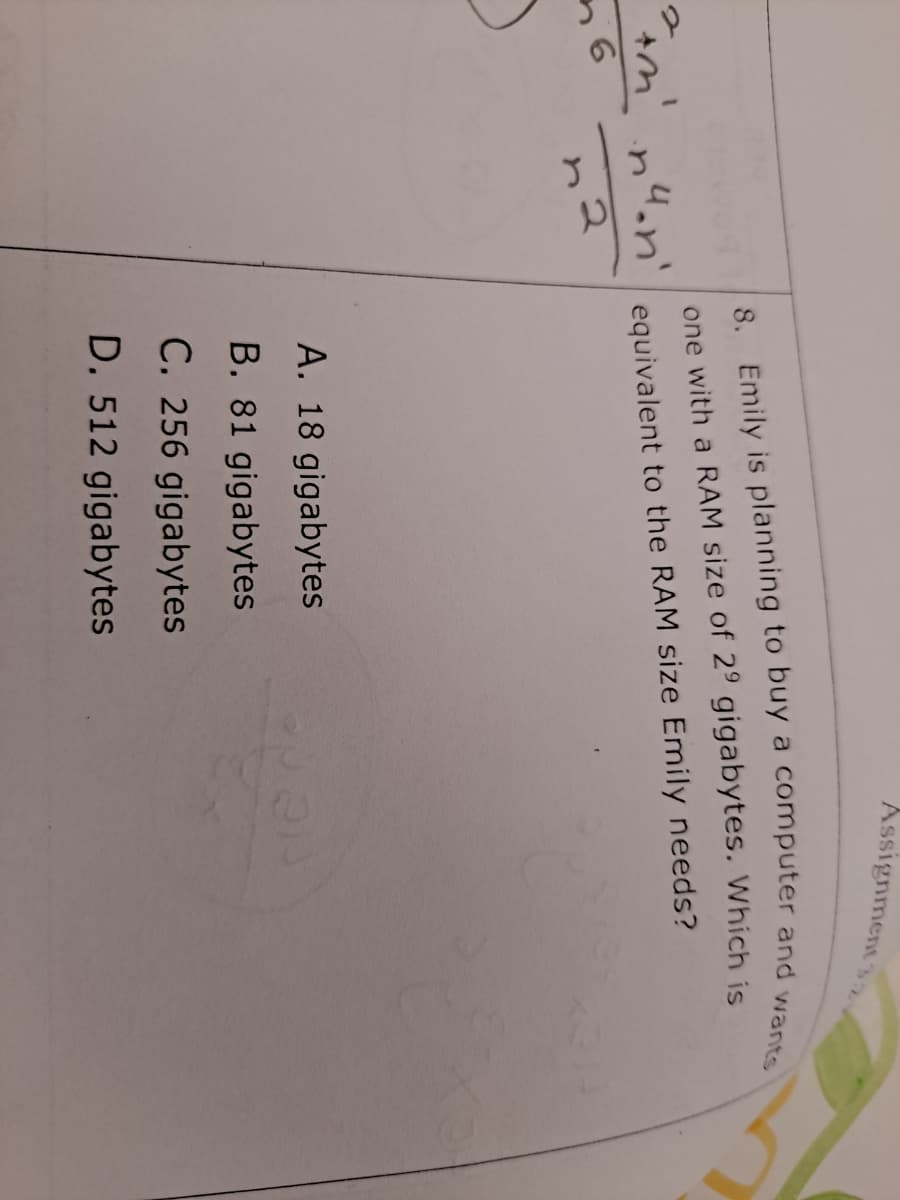 Assignment 32
one with a RAM size of 2° gigabytes. Which is
+m n4an' equivalent to the RAM size Emily needs?
A. 18 gigabytes
B. 81 gigabytes
C. 256 gigabytes
D. 512 gigabytes
8. Emily is to buy a and wants
