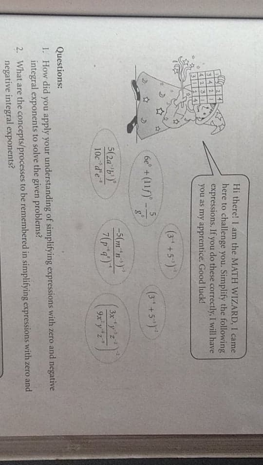 Hi there! I am the MATH WIZARD, I came
here to challenge you. Simplify the following
expressions. If you do these correctly, I will have
you as my apprentice. Good luck!
314 21
4 231
311114
(3 +5)"
5.
6e +(11f)"
(3" +5)
5(2a'b')
10c d'e
-5(m*n)
7(p a)
3x y'z
9x'y z"
Questions:
1. How did you apply your understanding of simplifying expressions with zero and negative
integral exponents to solve the given problems?
2. What are the concepts/processes to be remembered in simplifying expressions with zero and
negative integral exponents?
