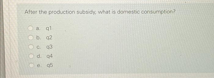 After the production subsidy, what is domestic consumption?
а. q1
b. q2
C. q3
d. q4
е. q5
OOO
