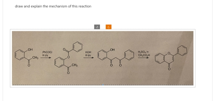 draw and explain the mechanism of this reaction
OH
CH₂
PhCOCI
in py
CH3
KOH
in py
3
C
OH
H₂SO, in
0000
CH, CON