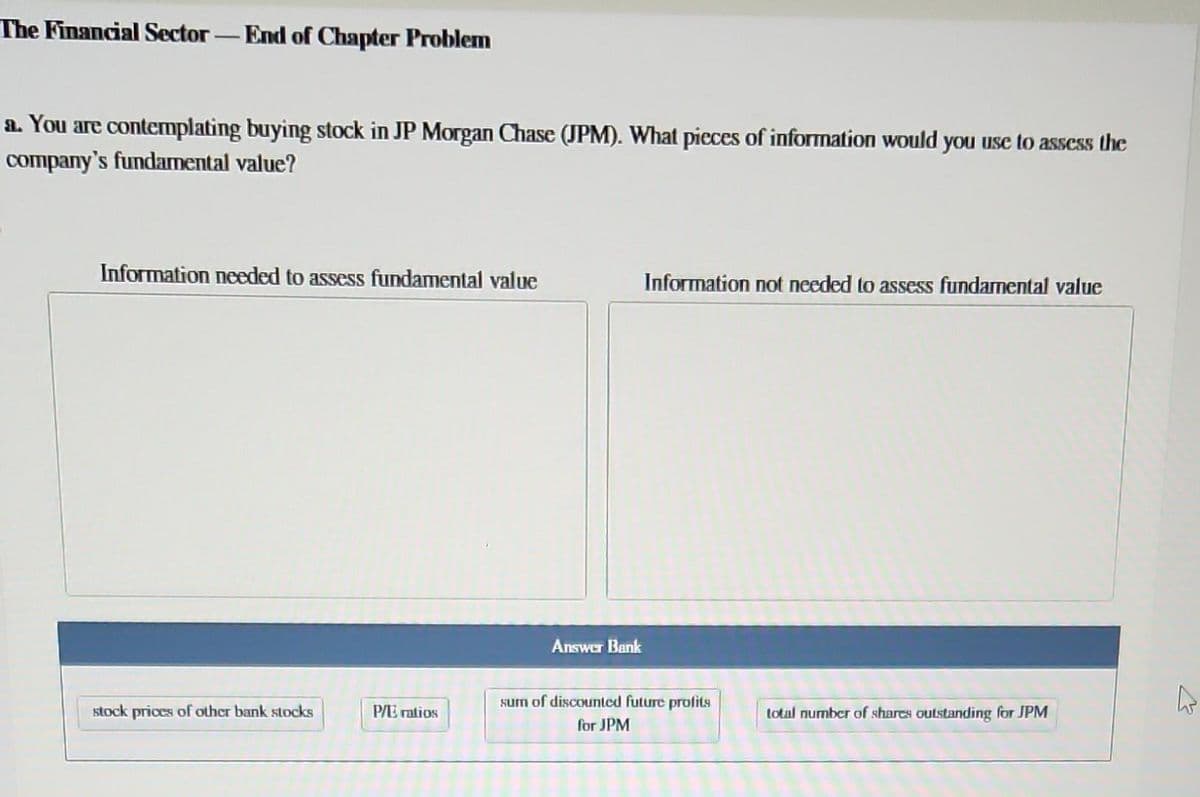 The Financial Sector-End of Chapter Problem
a. You are contemplating buying stock in JP Morgan Chase (JPM). What pieces of information would you use to assess the
company's fundamental value?
Information needed to assess fundamental value
stock prices of other bank stocks
P/E ratios
Answer Bank
Information not needed to assess fundamental value
sum of discounted future profits
for JPM
total number of shares outstanding for JPM
A
27