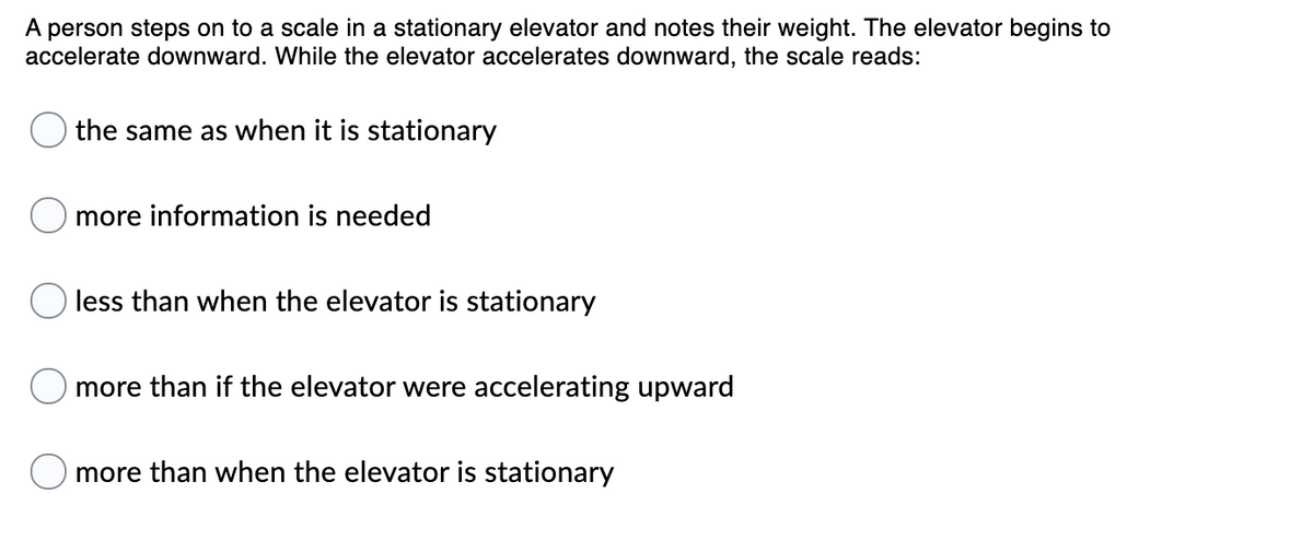 A person steps on to a scale in a stationary elevator and notes their weight. The elevator begins to
accelerate downward. While the elevator accelerates downward, the scale reads:
the same as when it is stationary
more information is needed
less than when the elevator is stationary
more than if the elevator were accelerating upward
more than when the elevator is stationary
