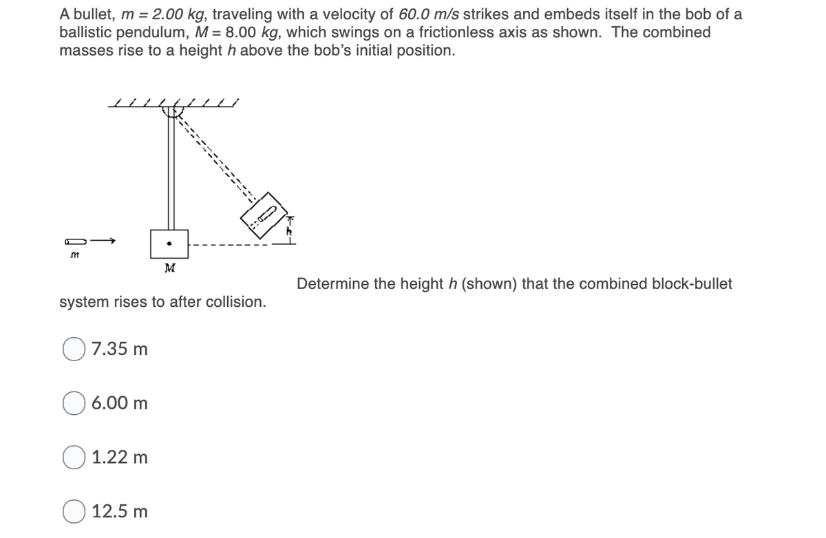 A bullet, m = 2.00 kg, traveling with a velocity of 60.0 m/s strikes and embeds itself in the bob of a
ballistic pendulum, M = 8.00 kg, which swings on a frictionless axis as shown. The combined
masses rise to a height h above the bob's initial position.
M
Determine the height h (shown) that the combined block-bullet
system rises to after collision.
7.35 m
6.00 m
O 1.22 m
12.5 m
