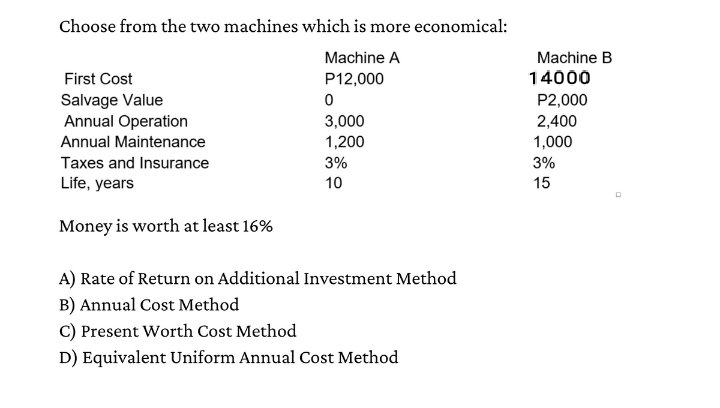 Choose from the two machines which is more economical:
Machine A
Machine B
First Cost
P12,000
14000
Salvage Value
Annual Operation
P2,000
3,000
2,400
Annual Maintenance
1,200
1,000
Taxes and Insurance
3%
3%
Life, years
10
15
Money is worth at least 16%
A) Rate of Return on Additional Investment Method
B) Annual Cost Method
C) Present Worth Cost Method
D) Equivalent Uniform Annual Cost Method
